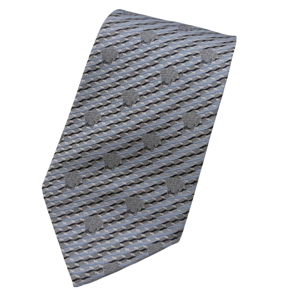 Vtg Gianni Versace Silk‎ Tie Mens Grey Blue Medusa Head Geometric Italy 3.75x56"